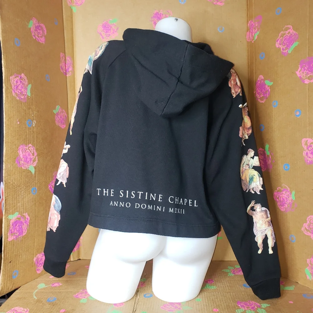 ZARA WOMAN SISTINE CHAPEL CROPPED BLACK SWEATSHIRT HOODIE SIZE MEDIUM - Picture 8 of 13